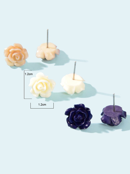 3pairs Colorful Resin Rose Flower Earrings Ear Stud Piercing Cartilage Jewellery
