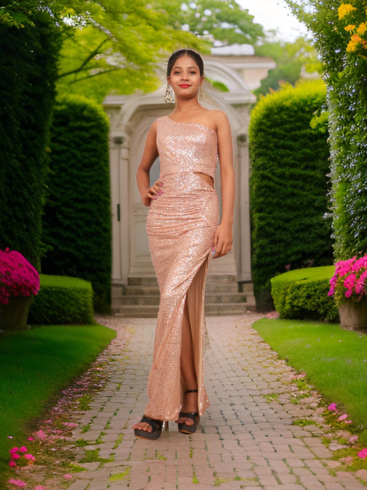 Sequins One-Shoulder Maxi Party Dress by Shreekama